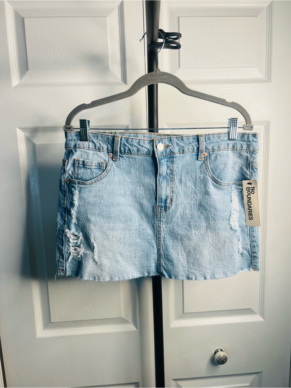 No Boundaries Light Blue Distressed Mid Rise Denim Skirt